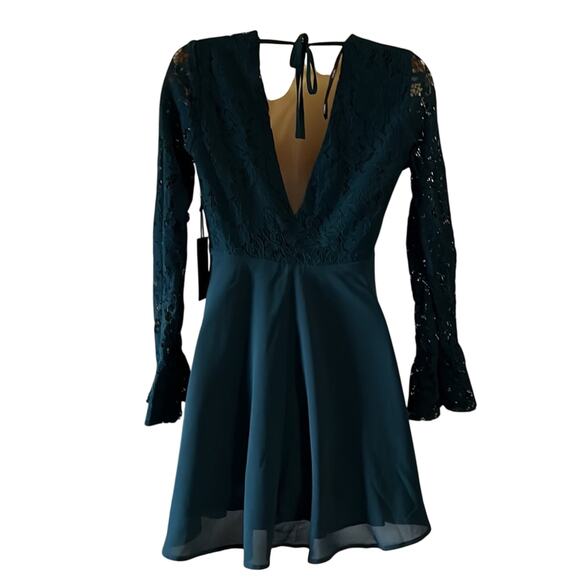Forever 21  Dark Teal Special Occasion Dress Juniors Size Small Lace Long Sleeve - Picture 3 of 11
